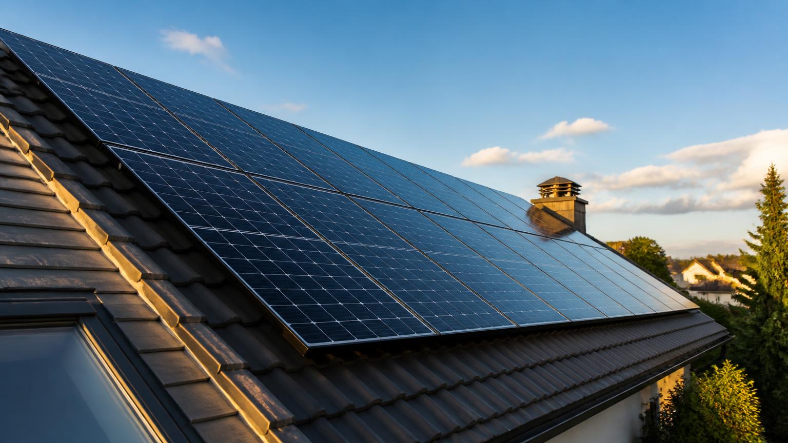A pitched residential roof covered with solar panels seen side-on in raking golden late-afternoon sunlight, so the tilt of the array against the sky is visible