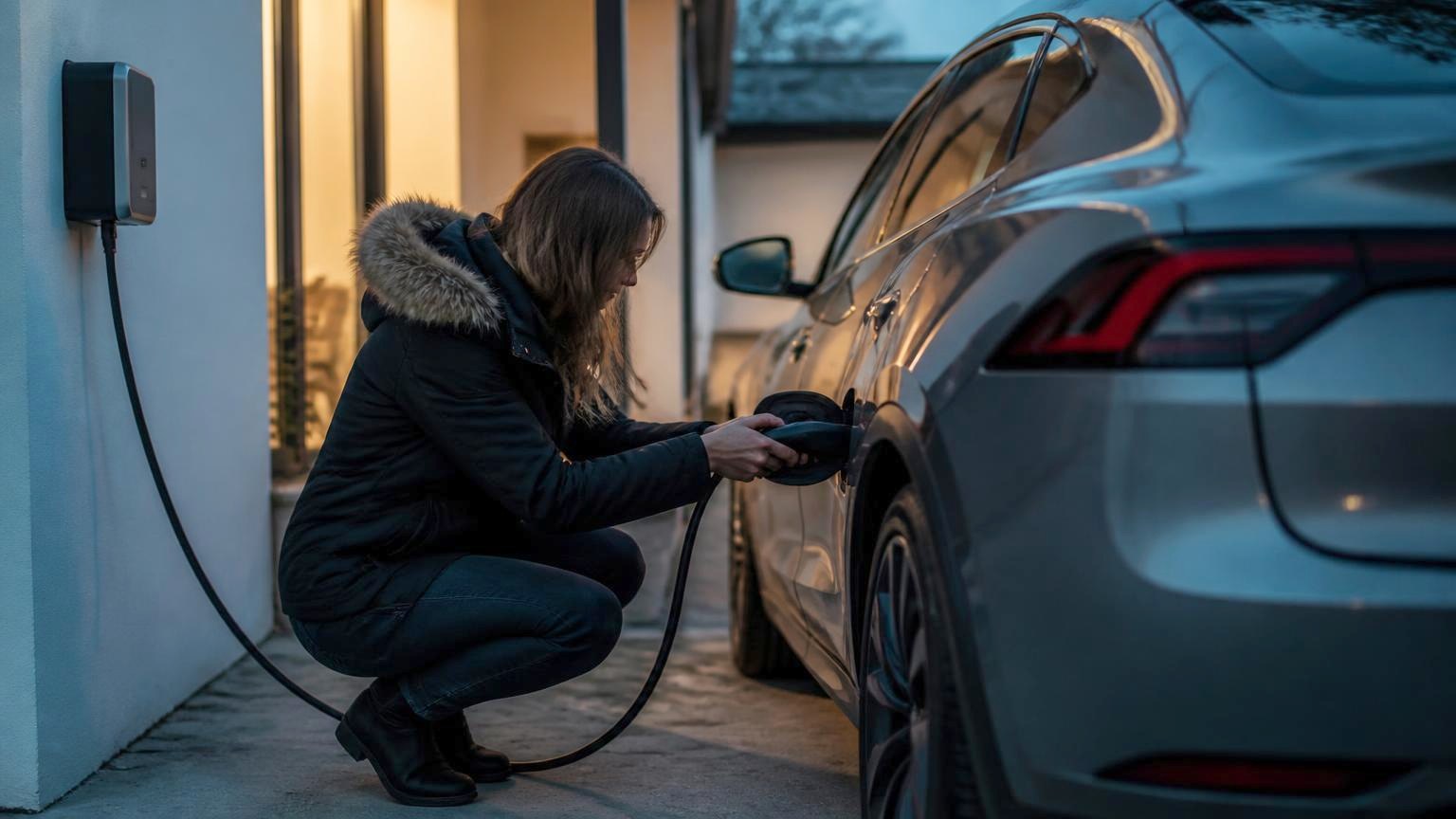 A woman crouching beside her electric car on a home driveway, pushing the charging connector into the charge port